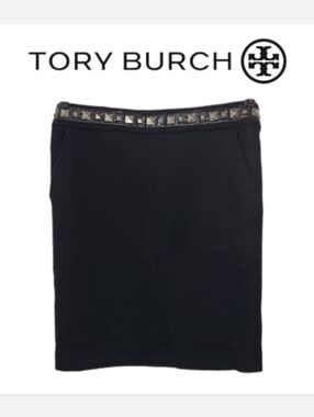 Tory Burch Black Wool Skirt with Leather & Stud Trim Sz M